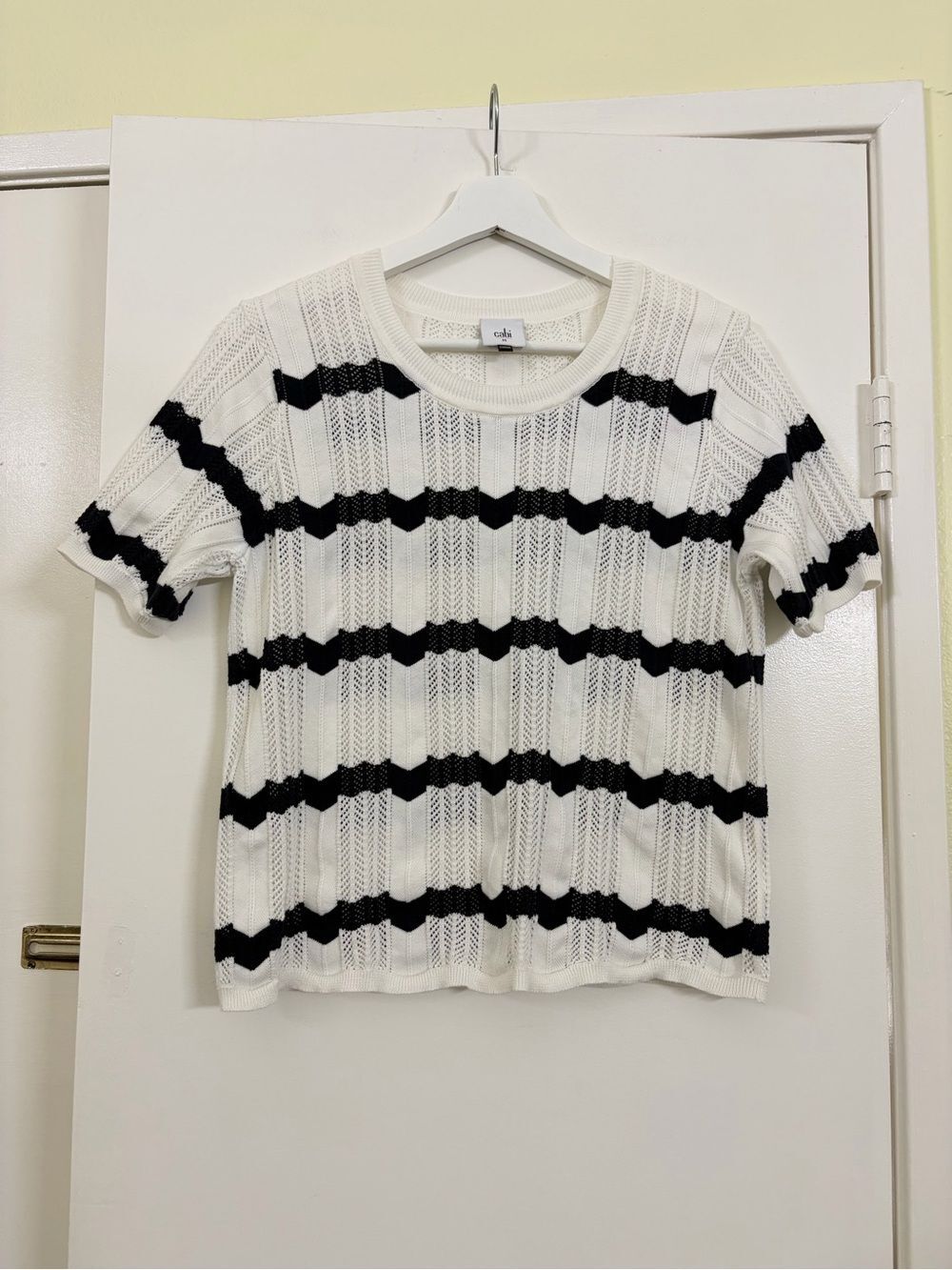 Cabi Pointelle Chevron Stripe Short Sleeve Sweater Knit Top M Coastal Nautical - Picture 2 of 7